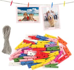 120 Houten Waslijnklemmen met 50 Meter Touw - Kleine Houten Knijpers voor Foto's en Decoratie — thumbnail 1