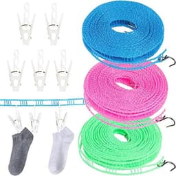 Draagbare Winddichte Nylon Waslijn - 3 Stuks 8m met Antislip Pins voor Binnen en Buiten — thumbnail 1