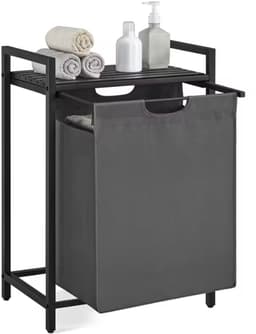 Wasmand 65L met Houten Bovenblad – Metalen Frame – Uitneembare Waszak – Waterafstotend – Compact Wasrek – 50×33×72 cm – Zwart — thumbnail 2