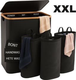 Wasmand met Deksel 3 Vakken 145L - Wasmanden Wassorteerder - Opvouwbare Wasmand - Uitneembare Waszakken - Inklapbaar - Wasbox voor Gezin - Zwart — thumbnail 1