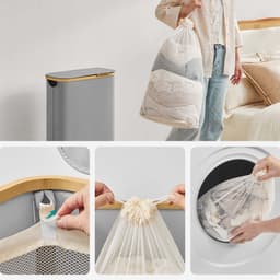 Slanke wasmand, vuilewasmand, wasverzamelaar met deksel, handvat en afneembare mesh voering. Inhoud tot 65 liter. Opvouwbaar ontwerp bespaart ruimte wanneer niet in gebruik. Modern en minimalistisch stijlvol ontwerp. 42 x 22,5 x 70,5 cm, grijs. — thumbnail 4