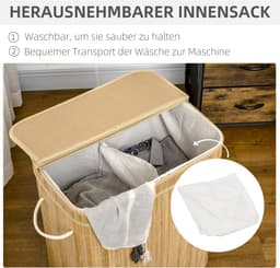 Waskorf - 54,2 x 35,2 x 59,5 cm - 2 Vakken met Verwijderbare Waszak - 90L - Bambus - Wit — thumbnail 4