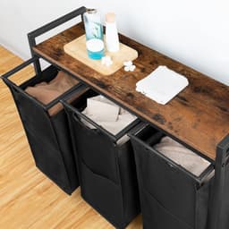 Wasmand 3 vakken, wasverzamelaar met plank, wasbox, waswagen met wieltjes, 3 x 39,8 l, waszak van Oxford-weefsel, vintage bruin-zwart — thumbnail 5