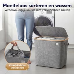 DARI. - Wasmand 3 vakken - Wassorteerder - 205L XXL - met 3 uitneembare zakken - wasmand - grijs - knopen — thumbnail 2