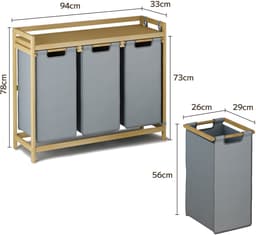 Xbro Wasmand 3 vakken – 125L/mand – Stoffen Wassorteerder met Bamboe houten frame – Met 3 zij-opbergvakken – 94 × 33 × 78 cm (B × D × H) — thumbnail 2