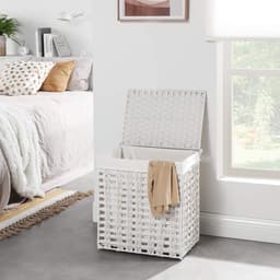 SONGMICS Handgeweven wasmand met deksel, wasmand in rotanstijl met uitneembare voeringzak, metalen frame, opbergmand, 45,5 x 32 x 51,5 cm, voor wasruimte, slaapkamer, badkamer, wit LCB050W01 — thumbnail 3
