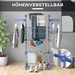 Droogtoren – 142 x 55 x 172 cm – Inklapbaar Met 6 Wielen – Roestvrij Staal – Blauw – Voor Binnen — thumbnail 3