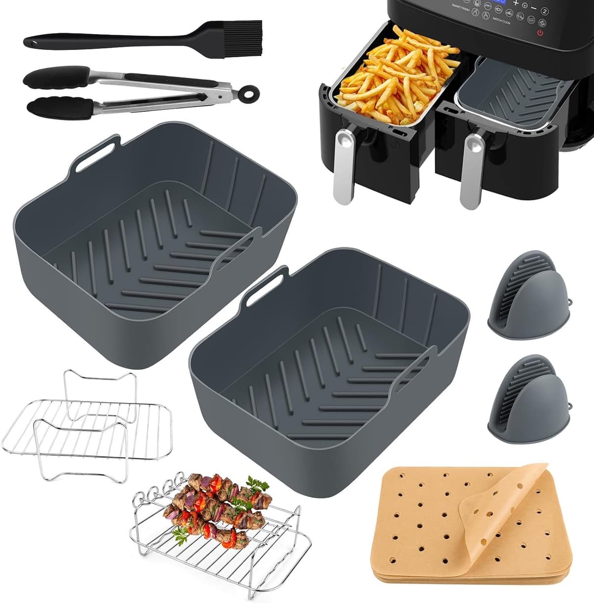 10xSet heteluchtfriteuse accessoires, airfryer accessoires, 150 praktische papieren inlegstukken, accessoires voor elektrische keukenapparatuur, 2 stuks siliconenvormen voor heteluchtfriteuse, grijs — afbeelding 1
