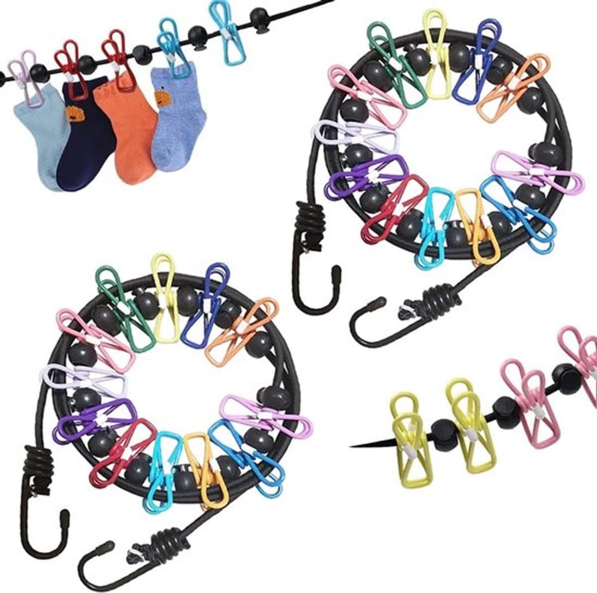 Draagbare waslijn - 2-pack reiswaslijn met 12 kleurrijke clips - verstelbare campingwaslijn - elastische intrekbare waslijn voor binnen en buiten - wasaccessoires — afbeelding 1