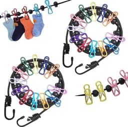Draagbare waslijn - 2-pack reiswaslijn met 12 kleurrijke clips - verstelbare campingwaslijn - elastische intrekbare waslijn voor binnen en buiten - wasaccessoires — thumbnail 1