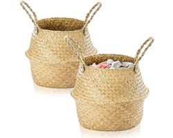 2 stuks zeegras opbergmanden, kleine wasmand, manden voor planken, opvouwbare rotan opbergdoos, rieten mand met handvat, rieten plantenpot voor woonkamer, slaapkamer, badkamer (S 20 x 23)