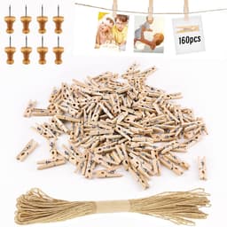 168 Stuks Mini Houten Klemmen, Kleine Mini-Wasknijpers, Bruiloft, Kleine Houten Knijpers Voor Polaroid Foto'S, Met 10 M Jute Touw, Doe-Het-Zelf Voor Fotowand, Display, Feest (Natuurlijk) — thumbnail 1