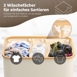 Wasmand met deksel, 3 vakken, 158 l, wasverzamelaar van 600D Oxford-weefsel met afneembare waszak, netvak op de achterkant, wasbox, wassorteerder, wasmand wasmand, beige — thumbnail 5