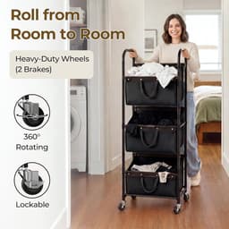 SAYS Wasmand met 3 Vakken, Wasmand op Wieltjes, Organisatie en Opbergruimte voor de Wasruimte, Waskar met 3 Vakken op Wieltjes voor Studentenkamers, Badkamers, Slaapkamers en Kasten, Zwart — thumbnail 4