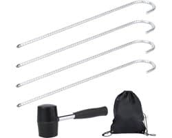 SnelShoppen - Set van 4 Grondankers 42 cm - Grondhaken, Tentpinnen voor Beveiligde Bevestiging - Roestvrij Staal, Inclusief Rubber Hamer & Tas voor Ca