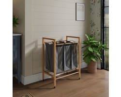 MIVRAY Wasmand – 90 Liter 3 Vakken Met Wielen – 83 x 60 x 40 cm – Bamboe – Houtskool En Naturel – Uitneembare Waszak