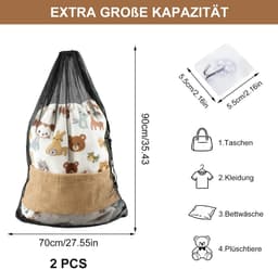 Solidchoice- Wasnet XXL - 2 stuks - 70 x 90 cm - Fijnmazig - Waszak voor Kleding - Waszak voor Beddengoed - Met Trekkoord en Haken — thumbnail 3