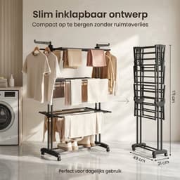 Droogrek Staand - Inklapbaar Wasrek met Wielen - Droogtoren 4 Lagen - 24 Meter Drooglengte - 50 kg Draagvermogen — thumbnail 3