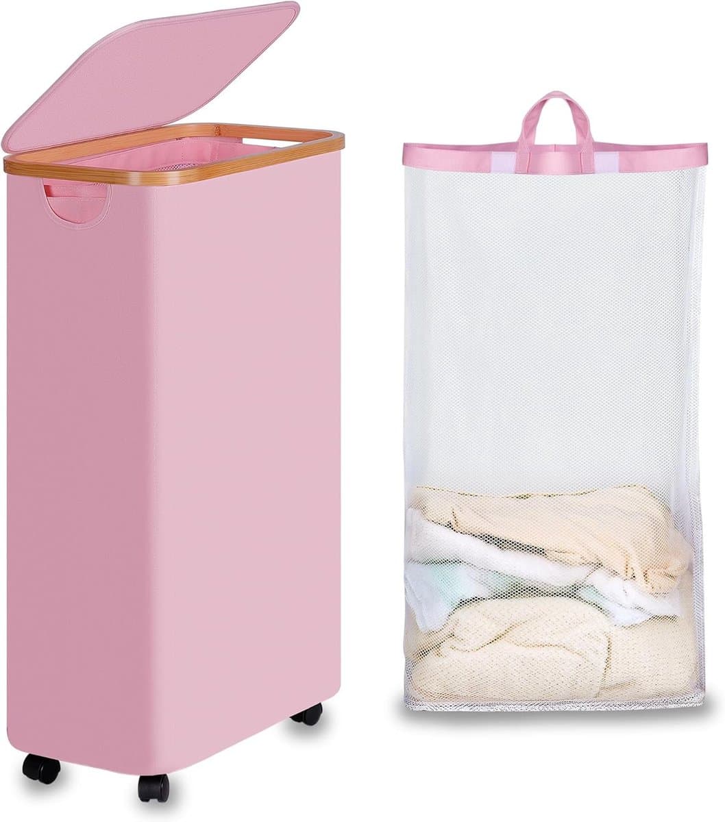 Vouwbare Wasmand met Wielen, 75L, Roze Slimme Wasmand met Deksel en Bamboe Handvatten voor Slaapkamer, Badkamer en Wasruimte — afbeelding 1