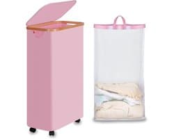 Vouwbare Wasmand met Wielen, 75L, Roze Slimme Wasmand met Deksel en Bamboe Handvatten voor Slaapkamer, Badkamer en Wasruimte
