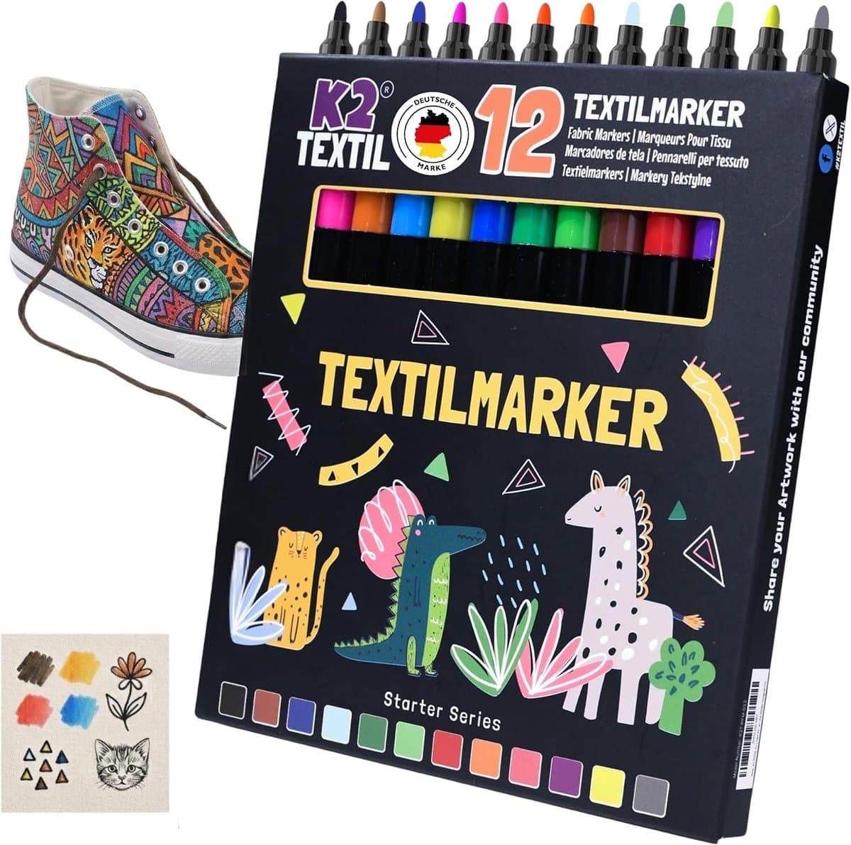 12 textielstiften, wasmachinebestendig, textielmarker om te beschilderen, textielverf voor textiel en schoenen, stofmarkers, geschikt voor kinderen (12) — afbeelding 1