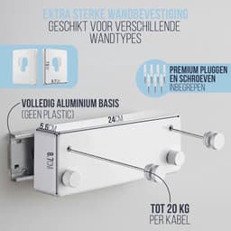 Uittrekbare Waslijn - Wandwaslijn Kabels - Ruimte Besparen - Dubbele Stalen Kabels - 2x 42m - Zilver — thumbnail 5
