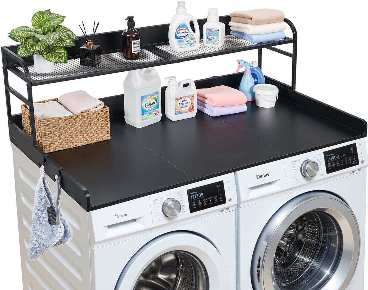 VEVOR Wasmachine Droger Countertop met Plank, 137 X 69,9 cm Houten Wasmachine en Droger Topper met Rand en 2 Haken, Wasmachine Topper voor Waskast Pantry Counter Organisatie en Opslag, Zwart — afbeelding 1
