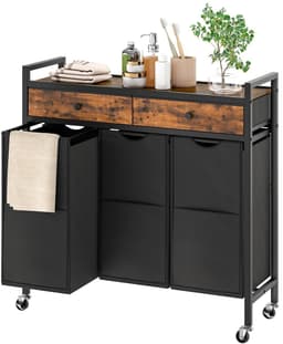 Home & Beyond® Wasmandkast met 3 Vakken en Lades - Wassorteerder op Wielen met Uitneembare Waszakken - Zwart en Vintage Houtlook - 84 x 30 x 96 cm — thumbnail 3