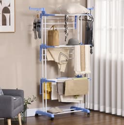 COVREO Droogtoren 73x64x177 cm blauw, staal met wielen en 4 niveaus — thumbnail 1