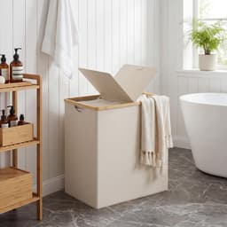 Dubbele Wasmand met Deksel en 2 Afneembare Vakken, 140 L, Ideaal voor Badkamer, Slaapkamer en Wasruimte, Beige — thumbnail 4