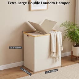 Dubbele Wasmand met Deksel en 2 Afneembare Vakken, 140 L, Ideaal voor Badkamer, Slaapkamer en Wasruimte, Beige — thumbnail 5