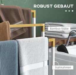 MEUNIQ Vrijstaand handdoekenrek met 3 stangen 45 x 22,5 x 86 cm van metaal en bamboe voor badkamer, staand droogrek zonder boren, wit — thumbnail 2