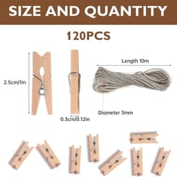 Houten knijpers 120 stuks 2.5 x 0.3 cm met 10 m touw, kleine clips voor foto's, kaarten en feestdecoraties — thumbnail 5