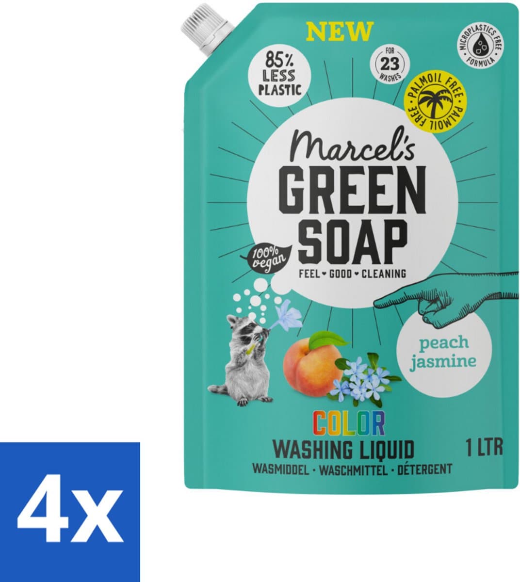 4 x Marcel's Green Soap - Vloeibaar Wasmiddel - Kleur - Navulling - Perzik & Jasmijn - Effectief & natuurlijk - 23 Wasbeurten - 1 liter - Wasmiddel - Kleurwasmiddel - Wasmiddel Navul - Ecologisch Wasmiddel - Biologisch Wasmiddel — afbeelding 1