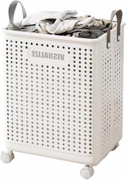 Opvouwbare wasmand met wieltjes van 60 liter, ideaal voor bijkeuken en slaapkamer, stevig en praktisch met handvatten — thumbnail 1