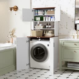 Wasmachinekast - Hoge opbergkast - Badkamer Organiseren - Geluidsdempend Ontwerp - 68 x 68 x 170 cm - Walnoot Wit — thumbnail 4