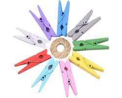 Dailygoods- Knutselharingen 10 m Koord - Mini Wasknijpers Hout - Fotobevestiging - Cadeau-accessoires - Creatieve Klemmen - Stabiel en Goed Afgewerkt