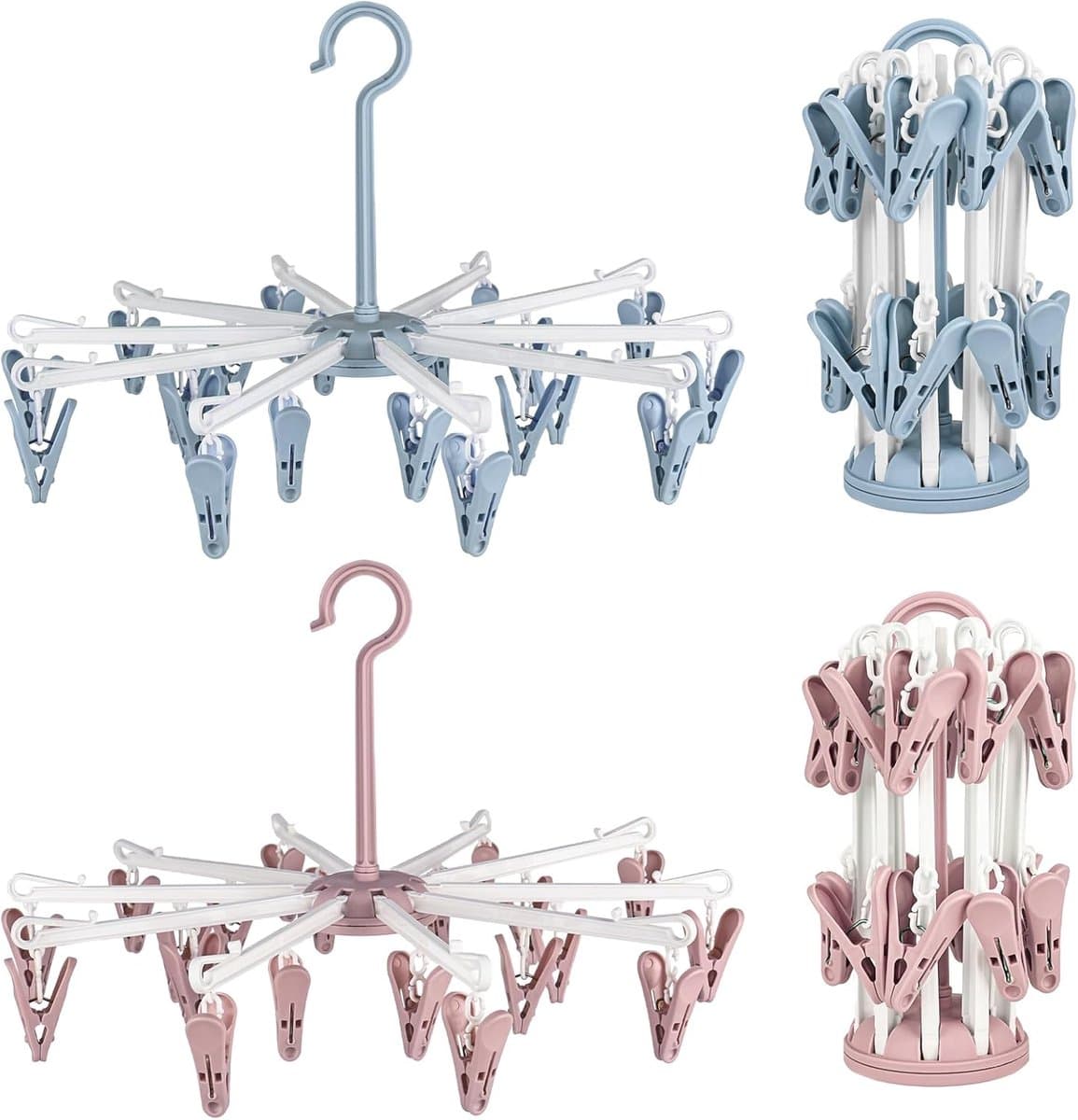 Thijox - 2 stuks sokkendroger hangend, sokken ophanger met 20 clips, ideaal voor wasrek, camping, ondergoed en kleine kleding - Roze, Blauw — afbeelding 1