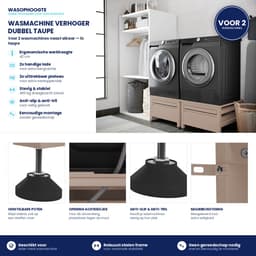 Wasophoogte® Wasmachine verhoger met lade en plateau - Dubbele wasmachine opbouwmeubel - Wasmachine sokkel - 42cm hoog - Taupe - Universeel - 65*60,5 (LxB) - Inclusief wandbeugels — thumbnail 4