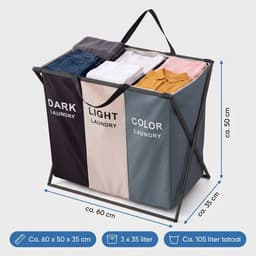 Cheqo® Wasmand 3 Vakken - Wassorteerder - Opvouwbaar - Was Organizer - Waszak voor Wasgoed Sorteren - Vuile Was - Wasverzamelaar - Wasgoedmand - Inklapbaar - Wasmand met Handvat voor Badkamer en Slaapkamer — thumbnail 5