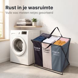 Cheqo® Wasmand 3 Vakken - Wassorteerder - Opvouwbaar - Was Organizer - Waszak voor Wasgoed Sorteren - Vuile Was - Wasverzamelaar - Wasgoedmand - Inklapbaar - Wasmand met Handvat voor Badkamer en Slaapkamer — thumbnail 2