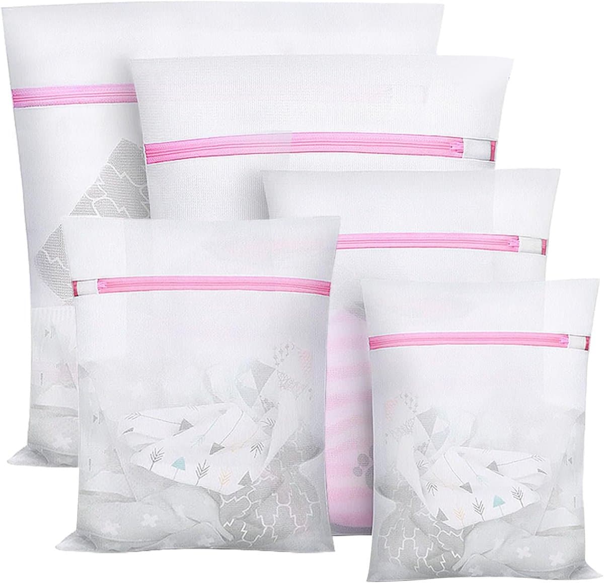 Set van 5 mesh waszakken - inclusief 1XL 2L 2M maten - roze kleur - geschikt voor delicate items - bh's - blouses - schoenen en babykleding — afbeelding 1