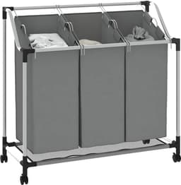 Wasmand Met Wielen - Kledingbox Opbergbox - Sorteren Kleding - Drie Compartimenten - 96 x 40 x 92 cm - Grijs — thumbnail 5