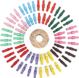 Set van 100 Houten Kledingknijpers en Foto Clips met 30 m Jute Touw voor Kleding, Foto's en Creatieve Projecten — thumbnail 2