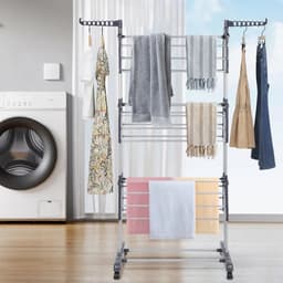 Dailygoods Opvouwbaar droogrek met wielen, roestvrijstalen droogrek met grote capaciteit, drielaagse opvouwbare vleugels — thumbnail 5