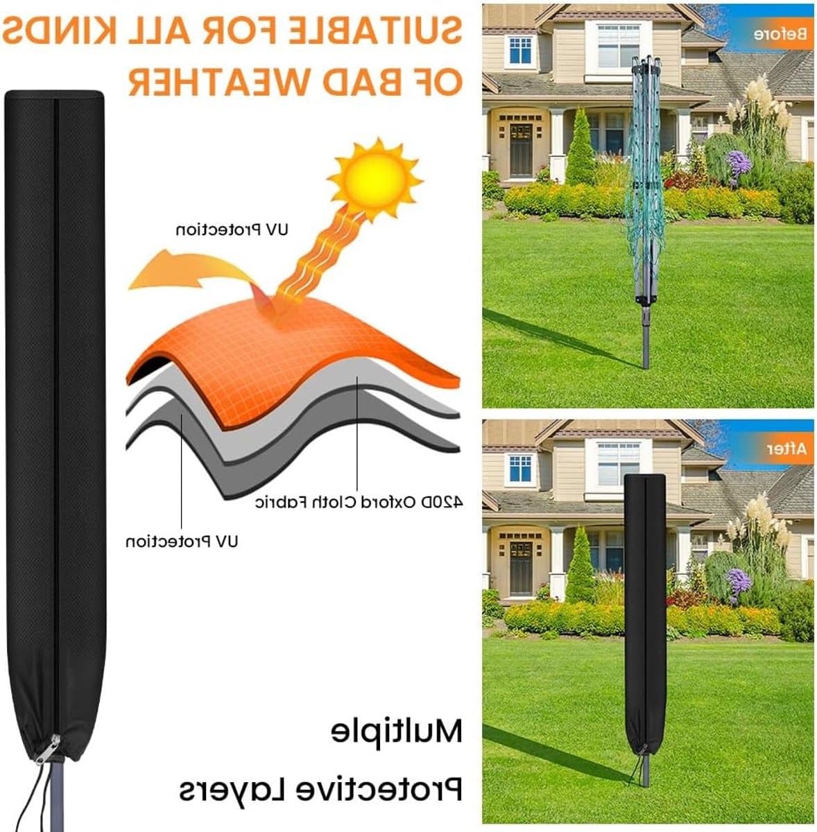 Robuuste Waterdichte Bescherming voor Draaiwaslijn met Rits en Trekkoord, Ideaal voor Tuin en Droogrek (180x18x18cm) — afbeelding 1