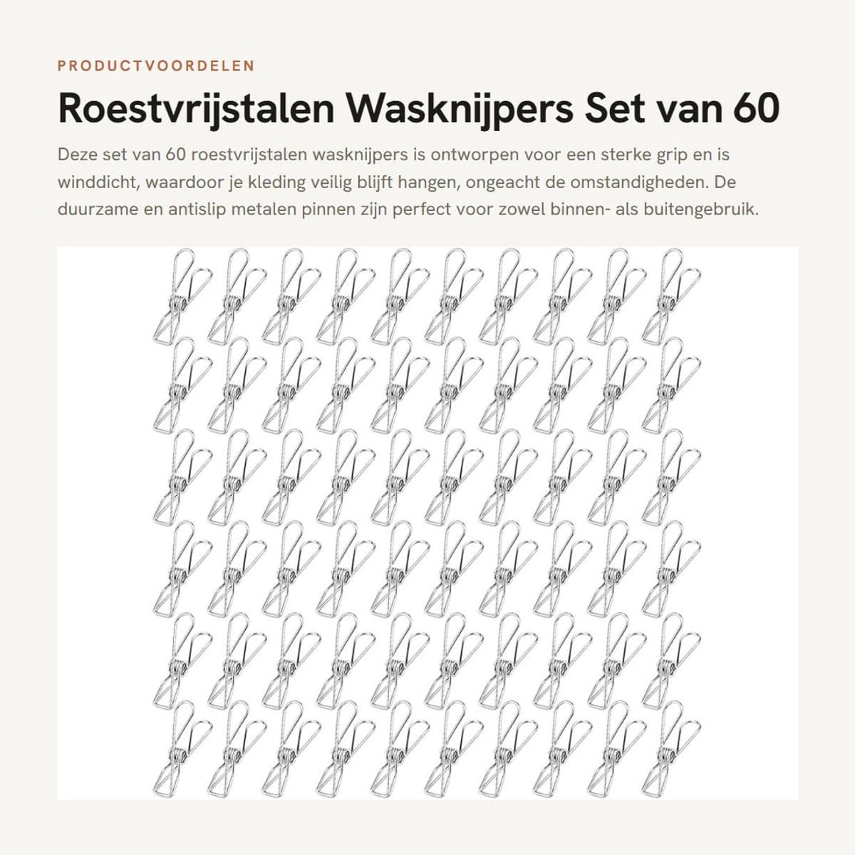 Dailygoods- Wasknijpers 60 Stuks - Roestvrij Staal - Duurzaam - Antislip - Winddicht - Voor Binnen/Buiten - Compact en Draagbaar - Waslijnclips — afbeelding 1