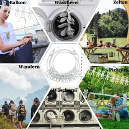 Draagbare Waslijn - Kledinglijn Clips - Reizen Kamperen - Verstelbaar Elastisch - Tot 4 Meter - Wit — thumbnail 2