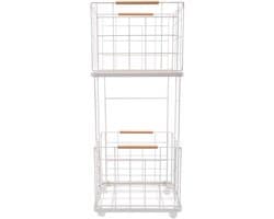 Wasmand met Wielen - Kledingmand Dubbel - Kleding Sorteren - Verwijderbare Manden - 40.5x29x94.5cm - Wit