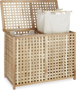 duo wasmand walnotenhout - met 2 waszakken - dubbel - 68 x 88 x 46 cm — thumbnail 3